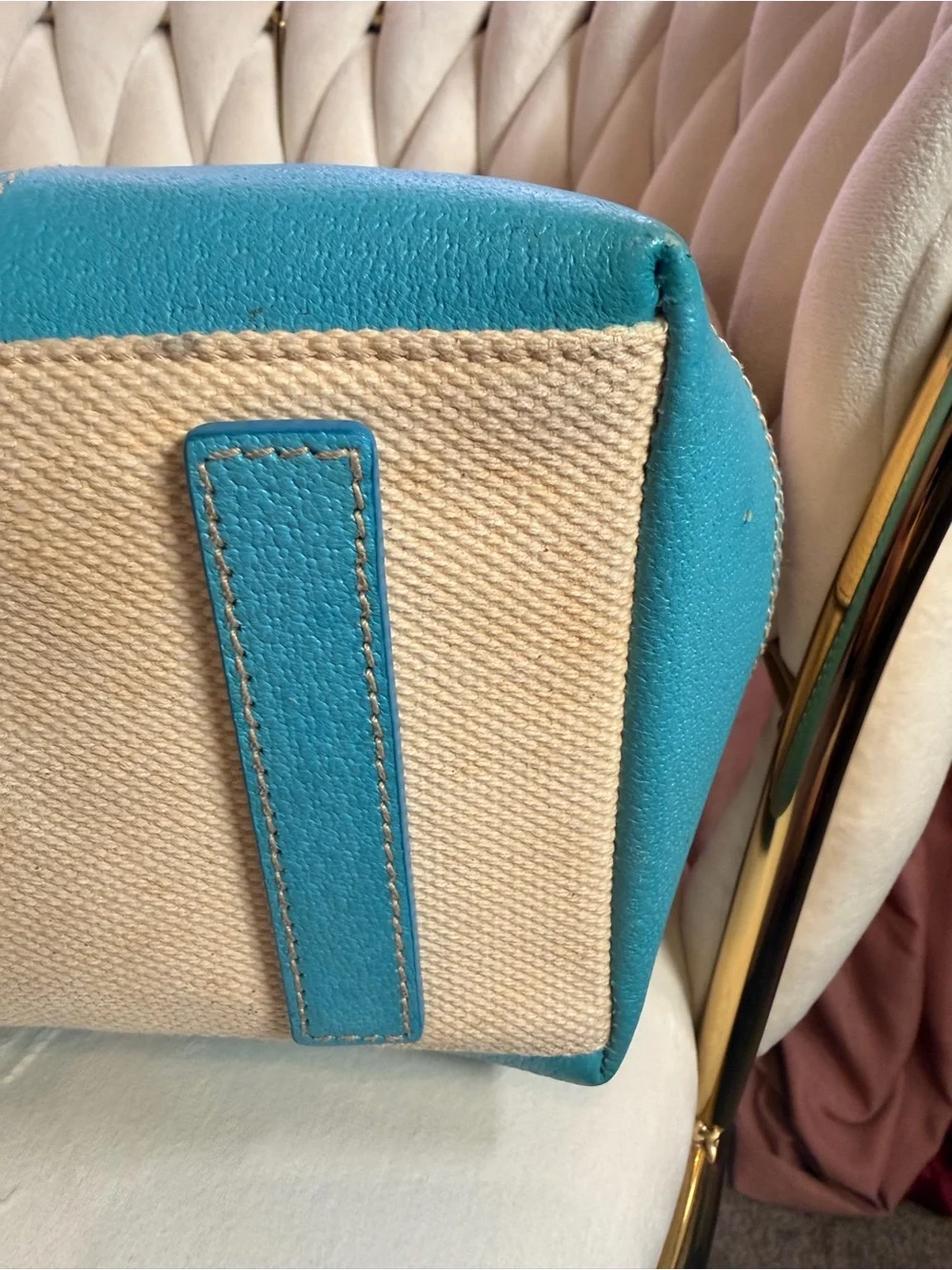 Rare Authentic Prada Canvas Tote Bag in Cream and Turquoise